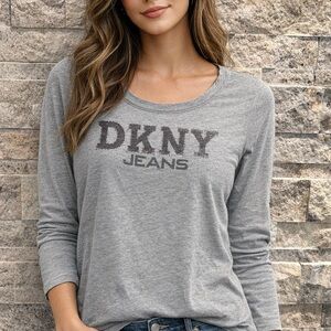 DKNY Heather Gray Logo Long Sleeve Tee size M 90% cotton